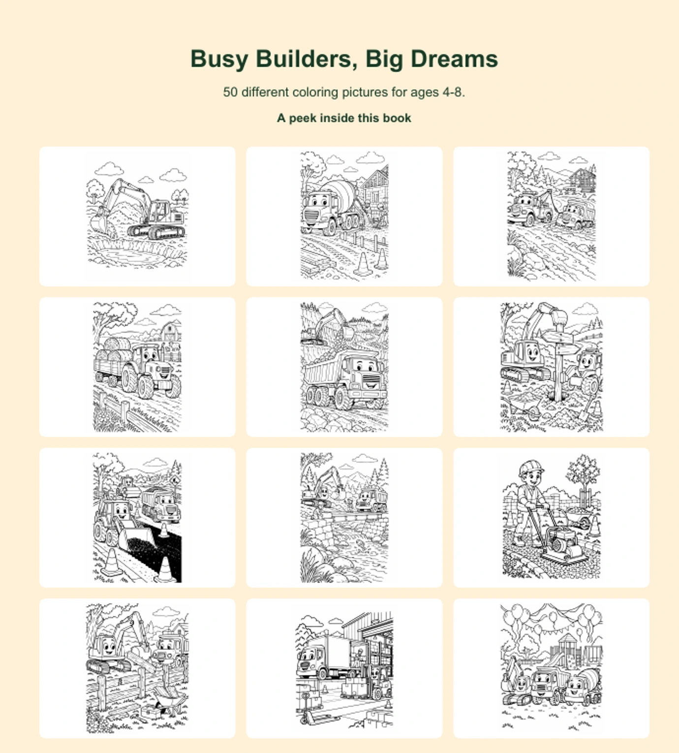Twelve actual coloring pictures from Busy Builders, Big Dreams
