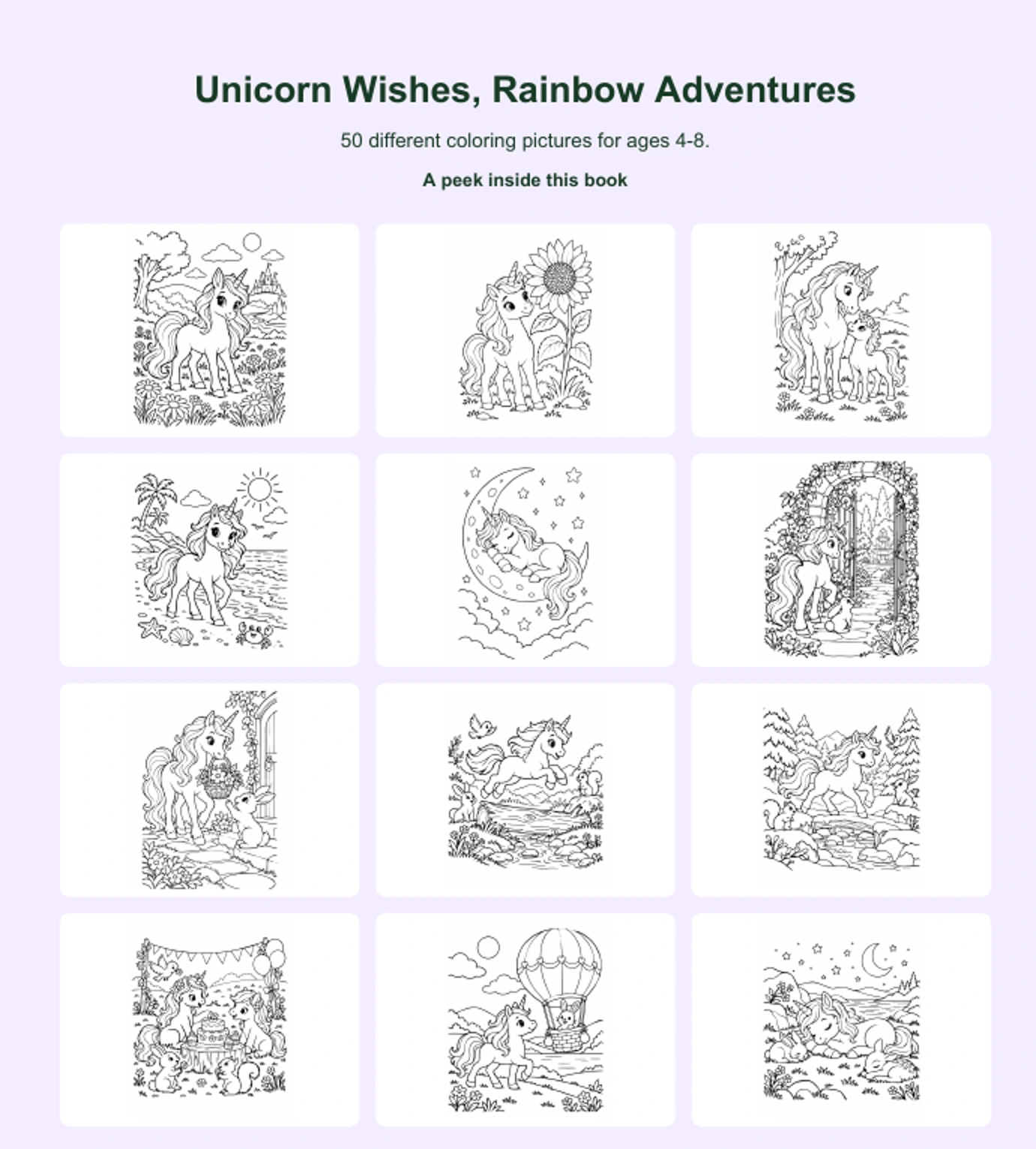 Twelve actual coloring pictures from Unicorn Wishes, Rainbow Adventures